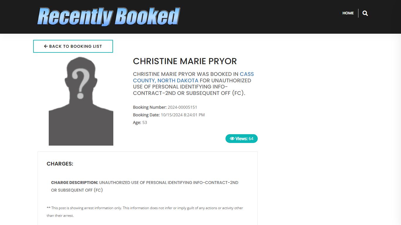 Recent Booking / Mugshot for CHRISTINE MARIE PRYOR in Cass County ...